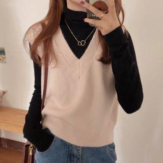 Mock Neck Long Sleeve T-shirt / Knit Vest