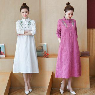 Long-sleeve Embroidered Linen Blend Midi A-line Dress