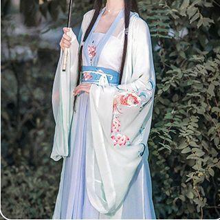 Hanfu Set Of 3 : Embroidered Long-sleeve Long Coat + Cross-collar Long-sleeve Top + Semi-body Embroidered Maxi Skirt