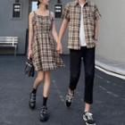 Couple Matching Plaid Shirt / Spaghetti Strap Mini A-line Dress / Plain Pants