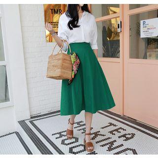 Band-waist Linen Blend Midi Flare Skirt