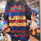 Color-block Printed Sweater Blue - One Size