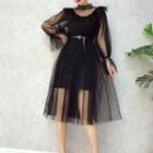 Set: Embellished Long-sleeve Mesh Dress + Slipdress