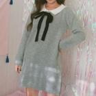 Bow Accent Collared Long-sleeve Mini Knit Dress