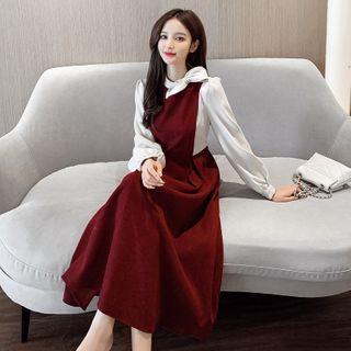 Long-sleeve Ribbon Two Tone Midi Dress