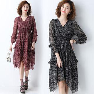 Floral V-neck Lantern-sleeve Dress