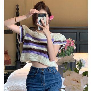 Striped Open-knit Loose Crop Top Stripe - One Size