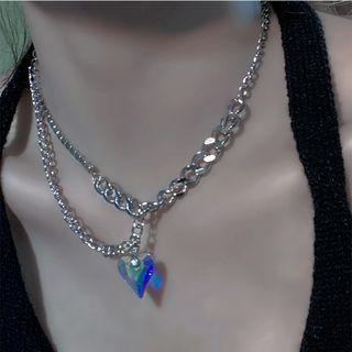 Heart Faux Crystal Pendant Layered Alloy Necklace Silver - One Size