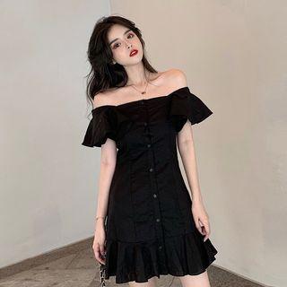Off-shoulder Ruffle-trim Mini A-line Dress