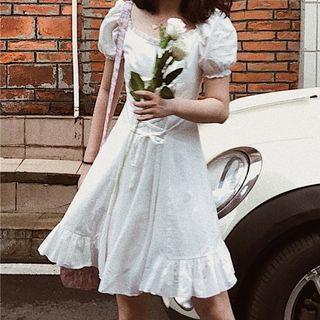 Short Puff-sleeve Ruffle Trim Tie-front Mini A-line Dress As Shown In Figure - One Size