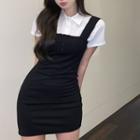 Short-sleeve Plain Shirt / Spaghetti Strap Mini Sheath Dress