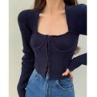 Long-sleeve Square-neck Plain Slim-fit Knit Top