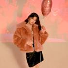 Snap-button Collared Faux-fur Jacket Pink - One Size