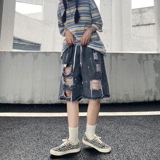 Drawstring Waist Splattered Distressed Denim Shorts