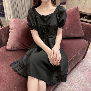 Lace-up Front Ruffle Puff-sleeve Midi Dress