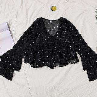 Dotted Print V-neck Ruffled Cropped Top Black - One Size