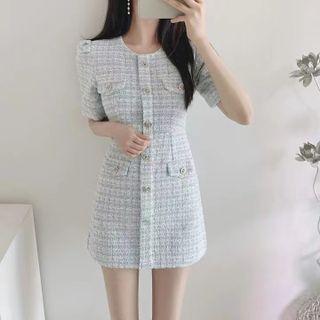 Short-sleeve Tweed Plaid A-line Dress
