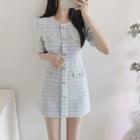 Short-sleeve Tweed Plaid A-line Dress