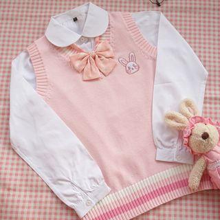Peter Pan Collar Shirt / Plaid Tie / Rabbit Embroidered Knit Vest / Set