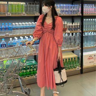 Puff-sleeve Sweetheart Neckline Midi A-line Dress