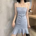 Ruffle Hem Mesh Panel Sleeveless A-line Dress Blue - One Size