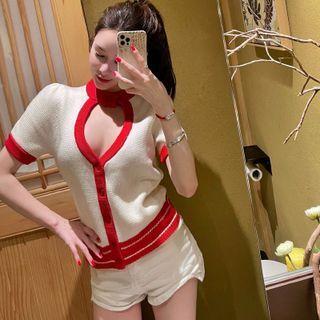 Short-sleeve Cutout Button-up Knit Top White - One Size