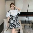 Short-sleeve Mock Two-piece A-line Dress Black & White - One Size