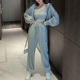 Set: Hooded Zip Jacket + Cropped Camisole Top + Harem Pants