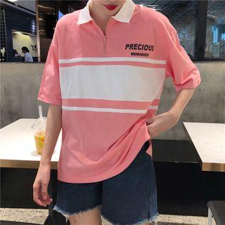 Elbow-sleeve Half Zip Polo Shirt Lettering - Pink - One Size