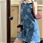 Bear Print Denim Mini Overall Dress Blue - One Size