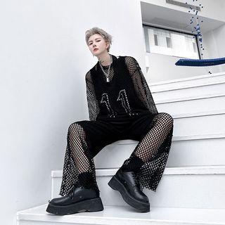 Set: Long-sleeve Mesh Top + Tank Top + Pants