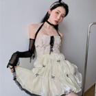 Halter-neck Lace Panel Bow A-line Dress