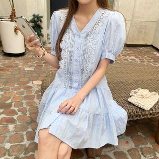 Puff-sleeve Lace-trim Shirtdress With Slipdress Light Blue - One Size