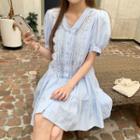 Puff-sleeve Lace-trim Shirtdress With Slipdress Light Blue - One Size