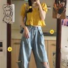 Short-sleeve Blouse / Distressed Wide-leg Jeans
