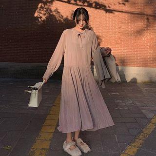 Side-slit Knit Vest / Tie-neck Long-sleeve Midi Dress / Set