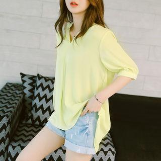Puff-sleeve Dip-back Chiffon Top