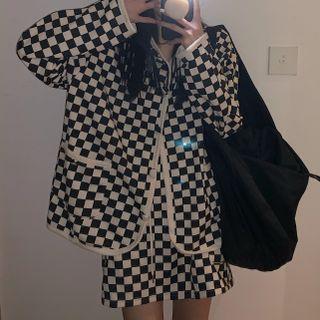 Checker Print Cardigan / A-line Skirt