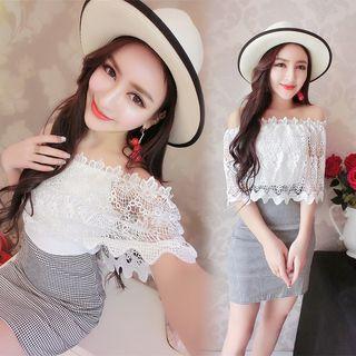 Off-shoulder Elbow-sleeve Lace Panel Gingham Dress
