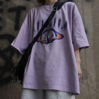Cartoon Planet Print Elbow-sleeve T-shirt
