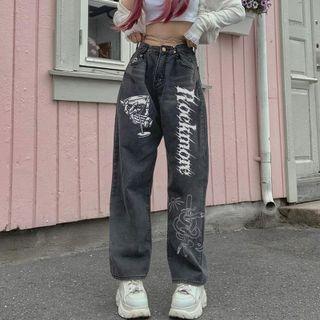 High-waist Lettering Printed Wide-leg Jeans