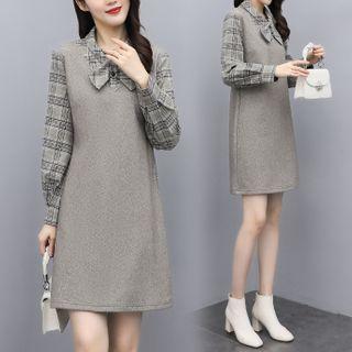 Set: Long-sleeve Plaid Blouse + Mini A-line Pinafore Dress