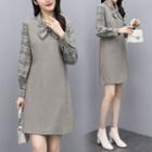 Set: Long-sleeve Plaid Blouse + Mini A-line Pinafore Dress