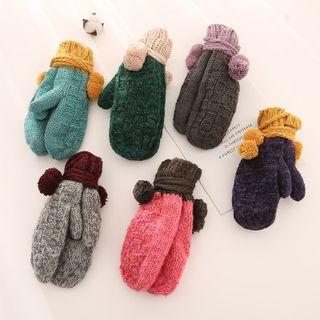 Pom Pom Two-tone Knit Gloves