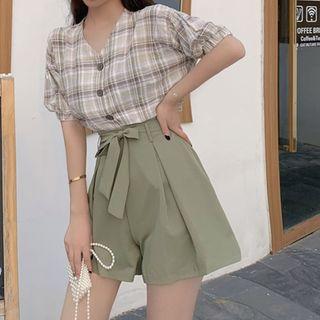 Set: Plaid Short-sleeve Blouse + Tie-waist Wide-leg Shorts Set - One Size