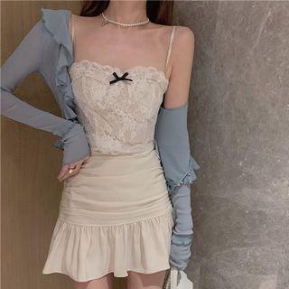Ruffle Trim Crop Top / Sleeveless Lace Top / Ruffle Hem Mini Skirt