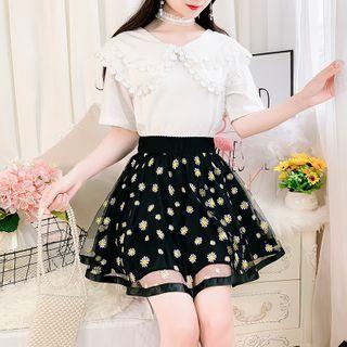 Set: Short-sleeve Lace Trim Top + Floral A-line Mini Skirt