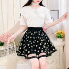 Set: Short-sleeve Lace Trim Top + Floral A-line Mini Skirt