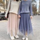 Asymmetrical Sequined Midi Mesh Skirt/ Ribbed Sweater