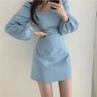 Square-neck Plain Long-sleeve Mini Dress